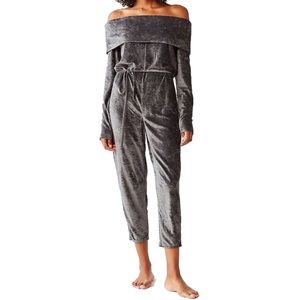 SOLD OFF APP • Luxe Velour Off The Shoulder Lounge Jumpsuit